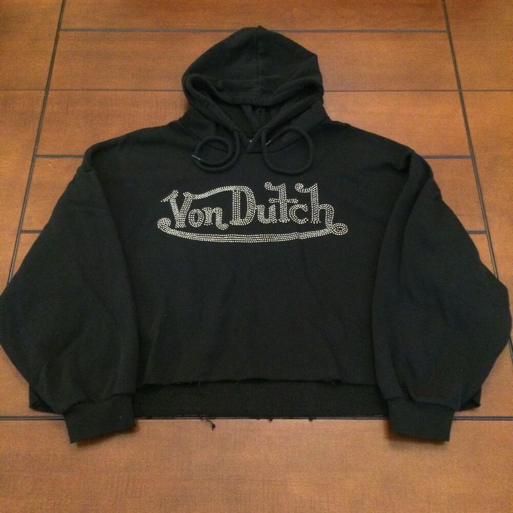 Von Dutch cropped hoodie rhinestone black large